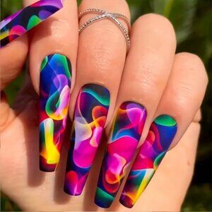 Nails Trippy Bright Swirls Press On 24 Stylish Glam Flame Sexy Colorful Trendy